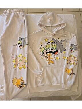 Vintage Tom & Jerry Cartoon Jogger Sweatpants & Hoodie Sweatshirt Size L Unisex